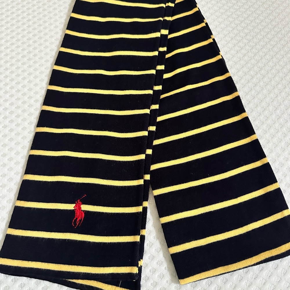 Ralph Lauren Navy and Yellow Striped Knit Scarf with Red logo